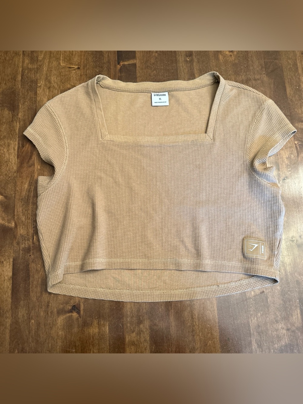 Gymshark XL waffle knit crop top tan activewear gym square neck short sleeve